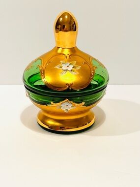 Czech Bohemian Candy Dish Lidded Art Glass Emerald Green Rose Enamelled & Gold